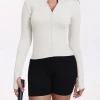European and American zippered top, threaded long-sleeved top, high-elastic yoga wear, fitness and running sportswear worn outside details Picture